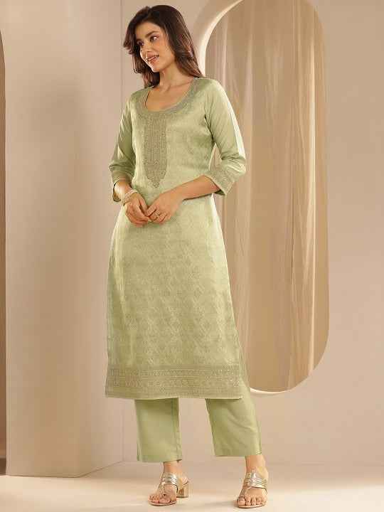 Floral Woven Design Zari Straight Kurta With Trousers And Dupatta