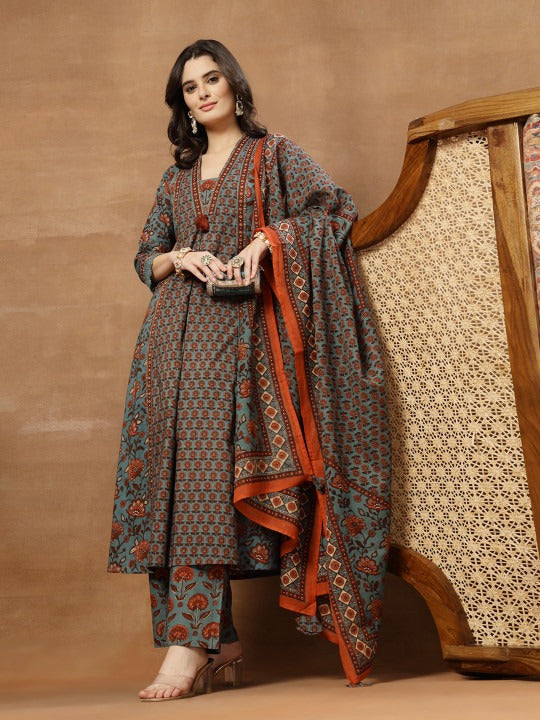 Women Ethnic Motifs Printed Panelled Pure Cotton Kurta with Palazzos & With Dupatta