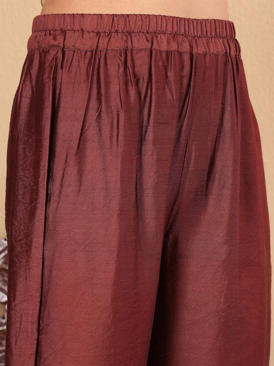 Floral Printed Sequinned Chanderi Silk Straight Kurta with Trousers & Dupatta