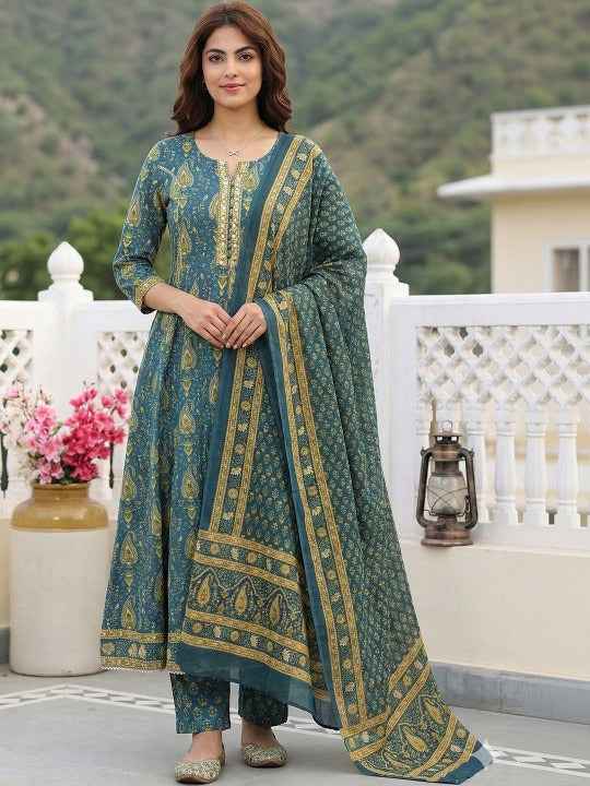 Women Ethnic Motifs Printed Regular Sequinned Pure Cotton Kurta with Trousers & With Dupatta