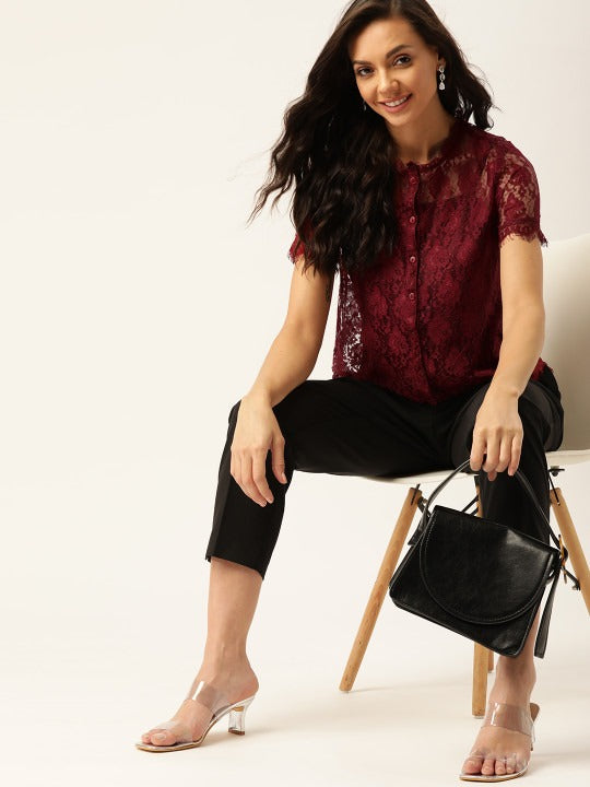 Maroon Self Design Lace Top With Slip