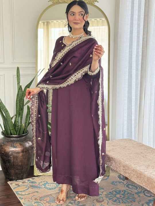Floral Embroidered Notch Neck Sequinned Anarkali Kurta With Trousers & Dupatta