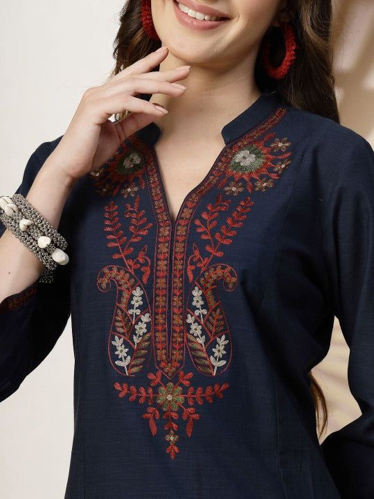 Floral Embroidered Mandarin Collar Linen Kurta with Palazzos