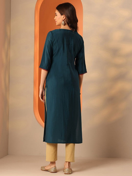 Women Ethnic Motifs Embroidered Fusion Silk Straight Kurta