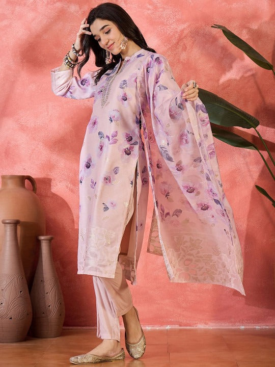 Floral Print Straight Kurta Sets With Dupatta