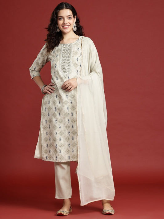 Ethnic Motifs Printed Regular Thread Work Kurta with Trousers & Dupatta