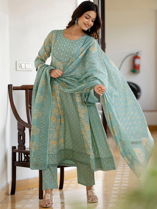 Green Floral Printed Panelled Pure Cotton Anarkali Kurta With Trousers & Dupatta