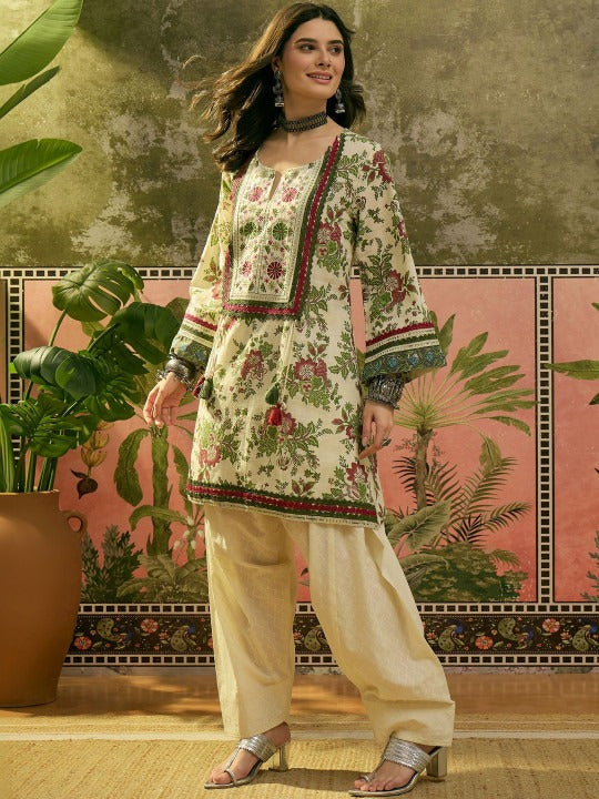 Printed Pure Cotton Round Neck Kurti & Salwar