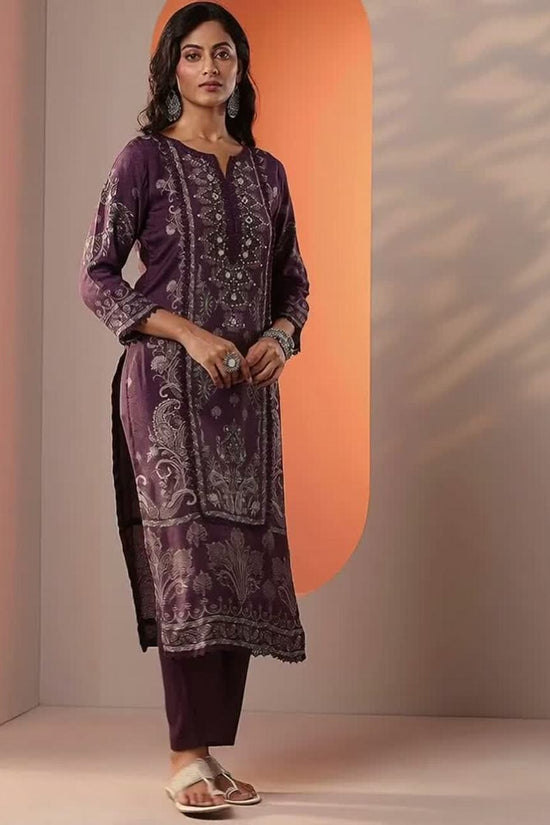 Floral Printed Sequinned Notch Neck Kurta With Trousers & Dupatta