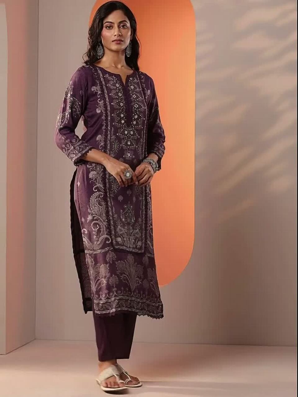 Floral Printed Sequinned Notch Neck Kurta With Trousers & Dupatta