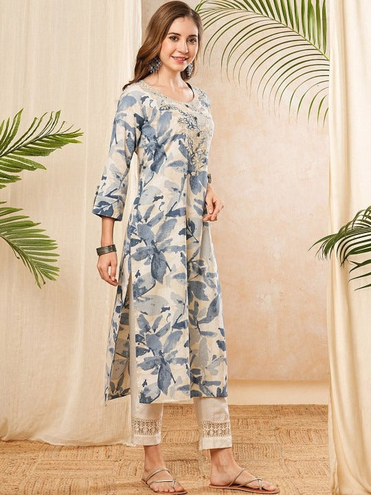 Floral Printed Round Neck Thread Work Straight Cotton Kurta