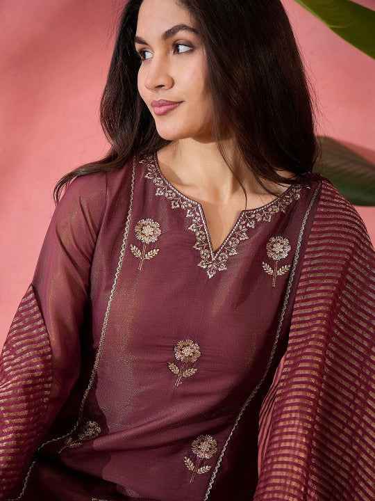 Floral Embroidered Panelled Notch Neck A-Line Kurta With Trouser And Dupatta