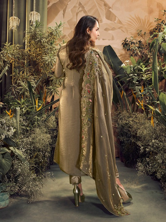 Women Floral Embroidered Zari Straight Crushed Organza Kurta Set