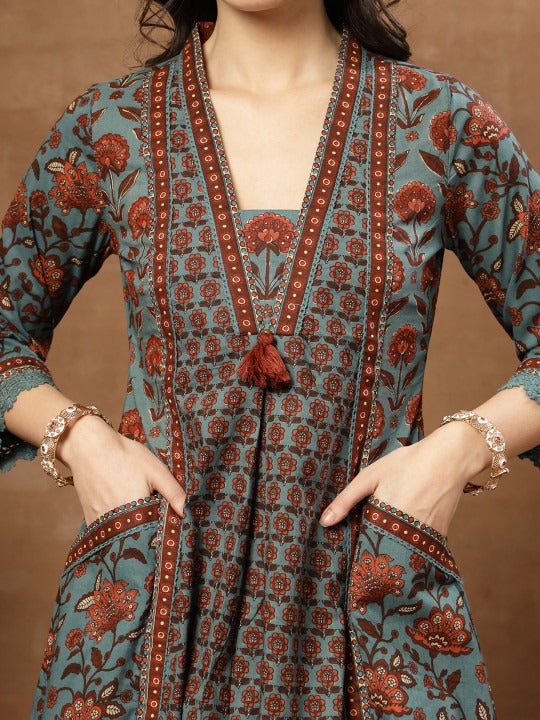 Women Ethnic Motifs Printed Panelled Pure Cotton Kurta with Palazzos & With Dupatta