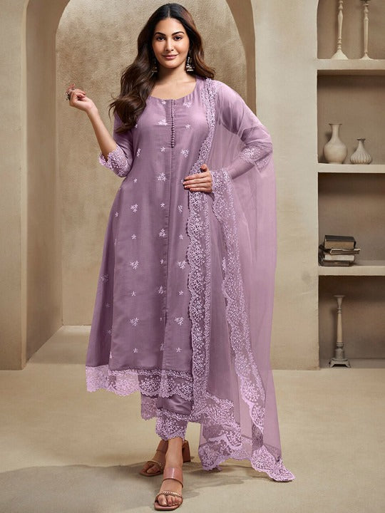 Floral Embroidered Regular Thread Work A-Line Kurta with Trousers & Dupatta