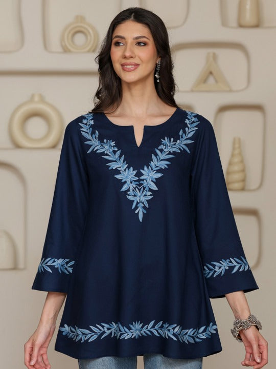 Women Kashmiri Aari Embroidered A-Line Short Kurti with Bell Sleeves