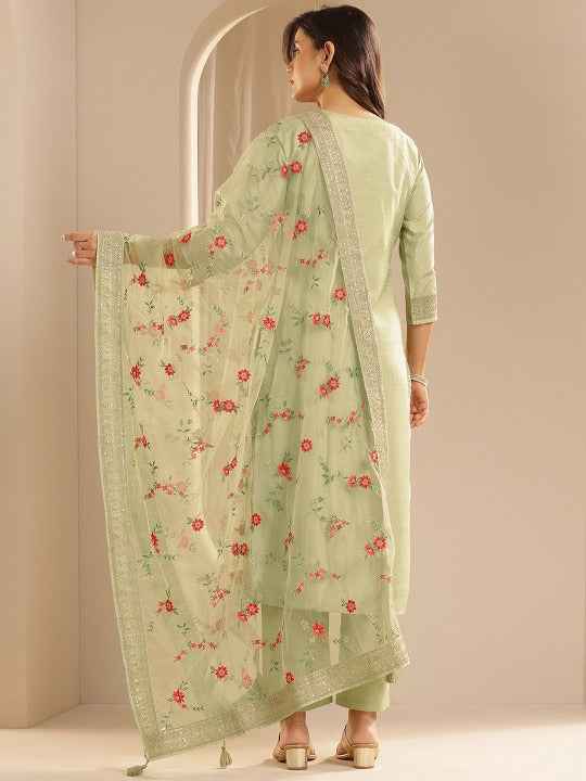 Floral Woven Design Zari Straight Kurta With Trousers And Dupatta