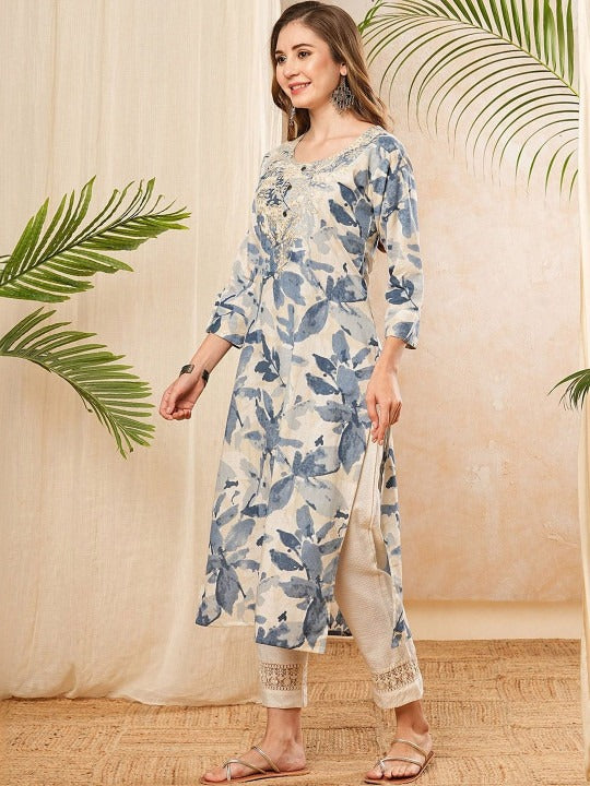 Floral Printed Round Neck Thread Work Straight Cotton Kurta