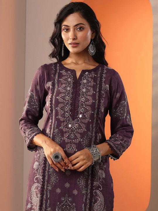 Floral Printed Sequinned Notch Neck Kurta With Trousers & Dupatta