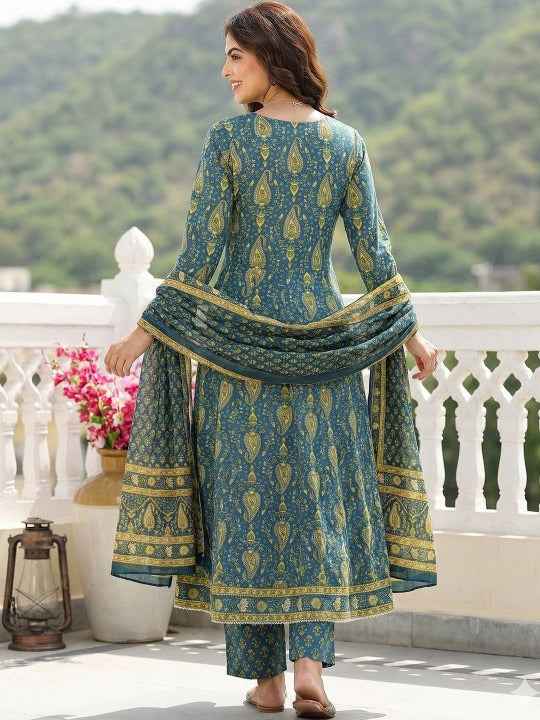 Women Ethnic Motifs Printed Regular Sequinned Pure Cotton Kurta with Trousers & With Dupatta