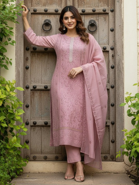Women Ethnic Motifs Embroidered Regular Thread Work Kurta with Trousers & With Dupatta
