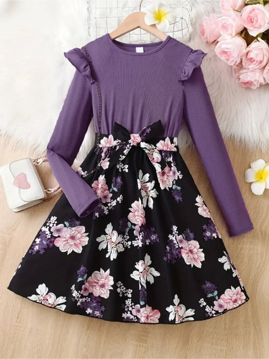 Girls Printed Round Neck Fit & Flare Dress