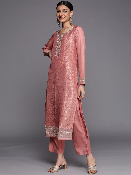 Women Peach-Coloured Floral Kurta with Trousers & Dupatta