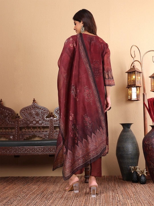 Floral Printed Sequinned Chanderi Silk Straight Kurta with Trousers & Dupatta