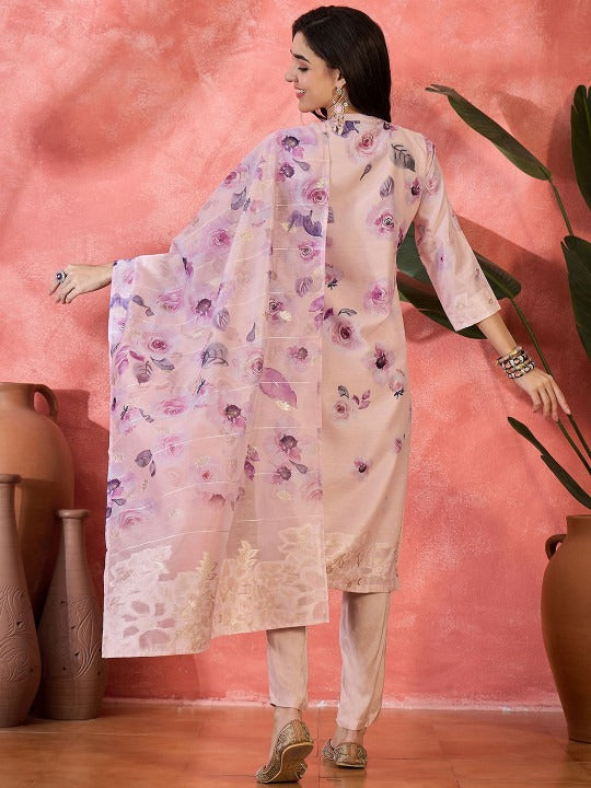 Floral Print Straight Kurta Sets With Dupatta