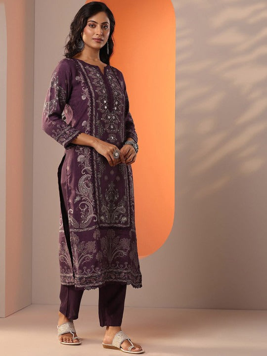 Floral Printed Sequinned Notch Neck Kurta With Trousers & Dupatta