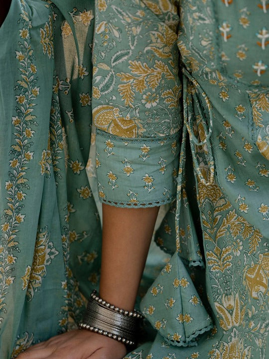 Green Floral Printed Panelled Pure Cotton Anarkali Kurta With Trousers & Dupatta