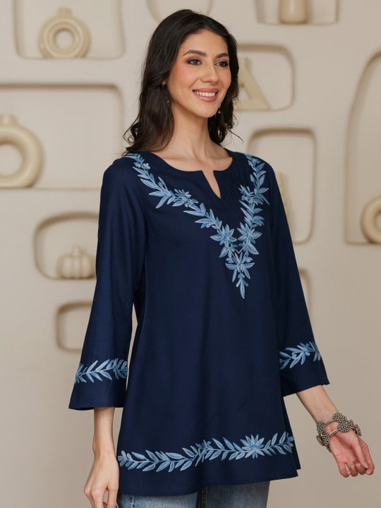 Women Kashmiri Aari Embroidered A-Line Short Kurti with Bell Sleeves