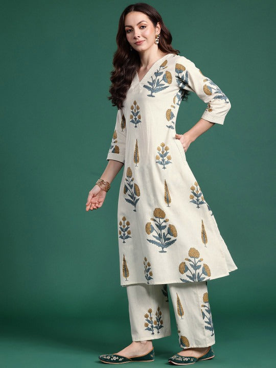 Women Floral Printed Regular Aline Calf Length Kurta with Trousers