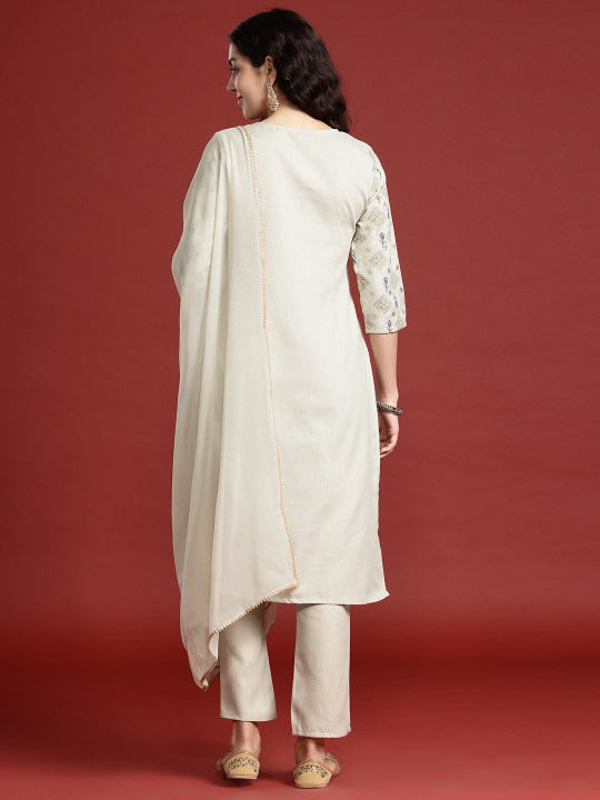 Ethnic Motifs Printed Regular Thread Work Kurta with Trousers & Dupatta