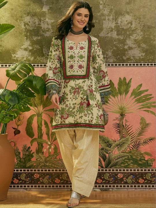 Printed Pure Cotton Round Neck Kurti & Salwar