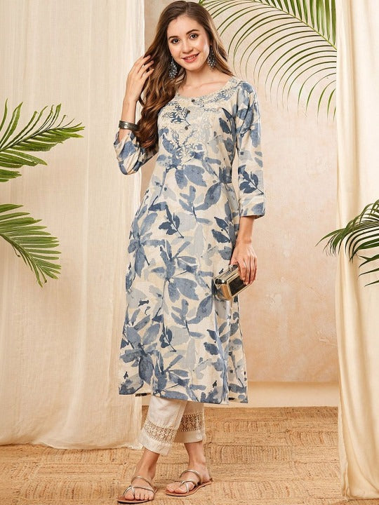 Floral Printed Round Neck Thread Work Straight Cotton Kurta