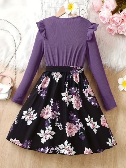 Girls Printed Round Neck Fit & Flare Dress