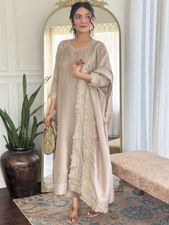 Women Floral Embroidered Anarkali Kurta with Trousers & Dupatta