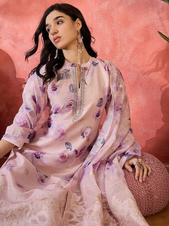 Floral Print Straight Kurta Sets With Dupatta