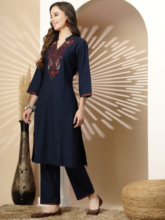 Floral Embroidered Mandarin Collar Linen Kurta with Palazzos
