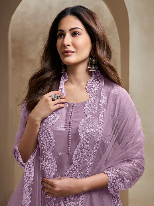 Floral Embroidered Regular Thread Work A-Line Kurta with Trousers & Dupatta