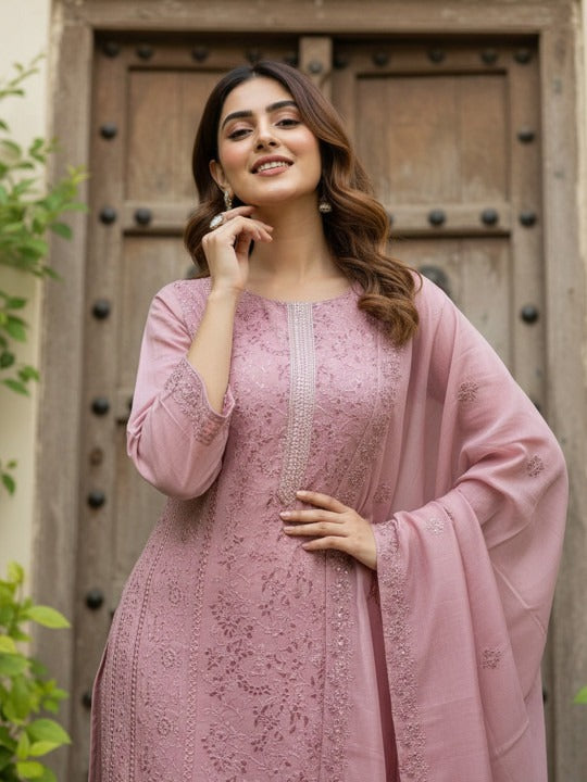 Women Ethnic Motifs Embroidered Regular Thread Work Kurta with Trousers & With Dupatta