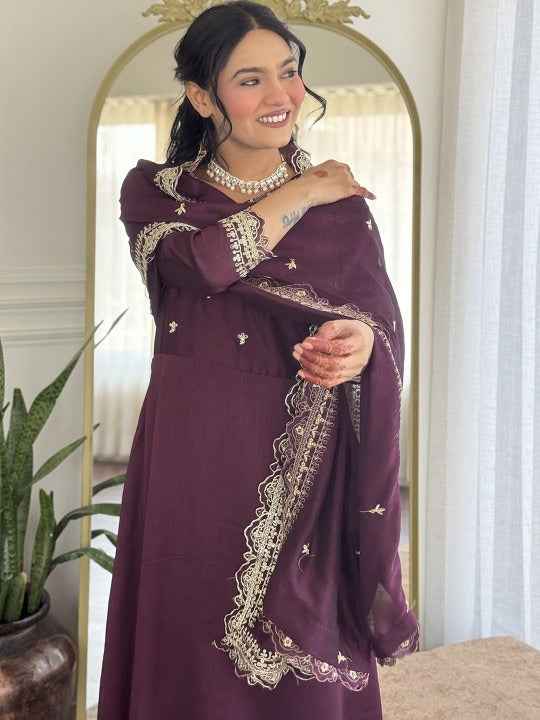 Floral Embroidered Notch Neck Sequinned Anarkali Kurta With Trousers & Dupatta