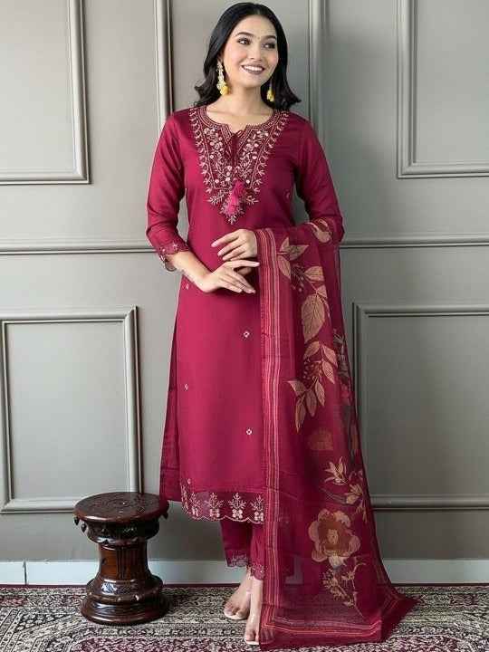 Women Ethnic Motifs Embroidered Regular Thread Work Kurta with Trousers & With Dupatta