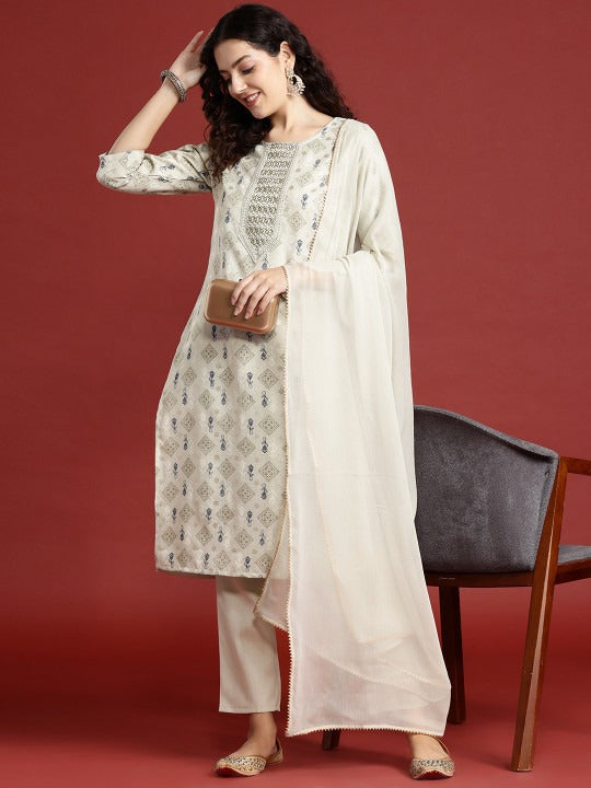 Ethnic Motifs Printed Regular Thread Work Kurta with Trousers & Dupatta