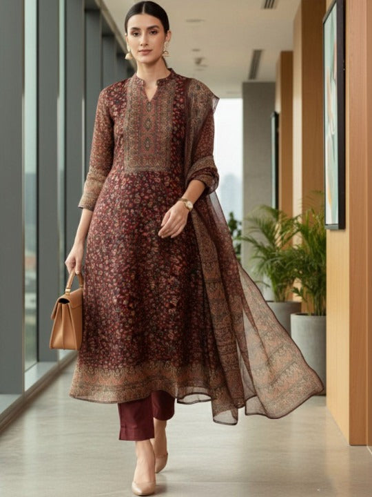 Women Ethnic Motifs Printed Regular Chanderi Silk Kurta with Trousers & With Dupatta