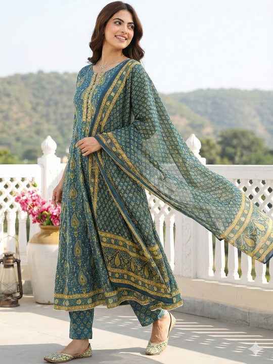 Women Ethnic Motifs Printed Regular Sequinned Pure Cotton Kurta with Trousers & With Dupatta