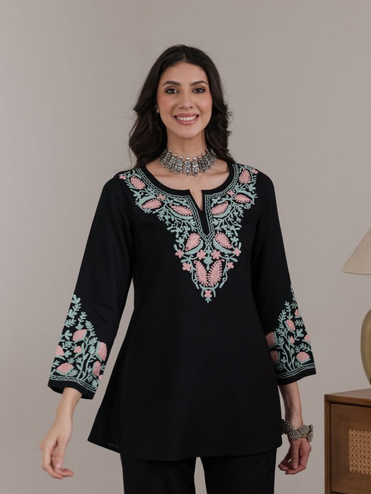 Women Aari Embroidered Viscose Rayon A-Line Full Sleeves Short Kurti