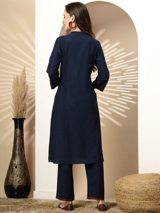 Floral Embroidered Mandarin Collar Linen Kurta with Palazzos