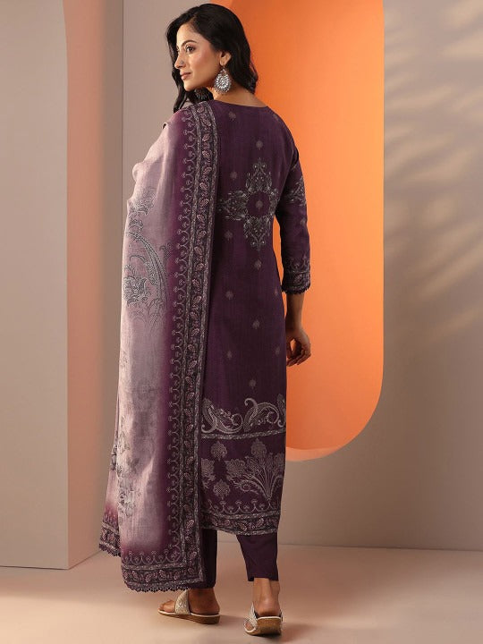 Floral Printed Sequinned Notch Neck Kurta With Trousers & Dupatta